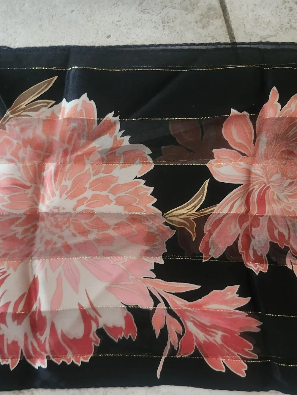 Vtg Sheer Black Floral Silk Scarf with Pink Bloom Print